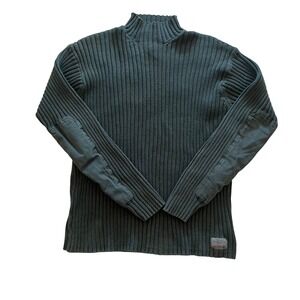 VTG American Eagle Men XL Green Ribbed Mock Neck Sweater Cotton Elbow Patch 3249